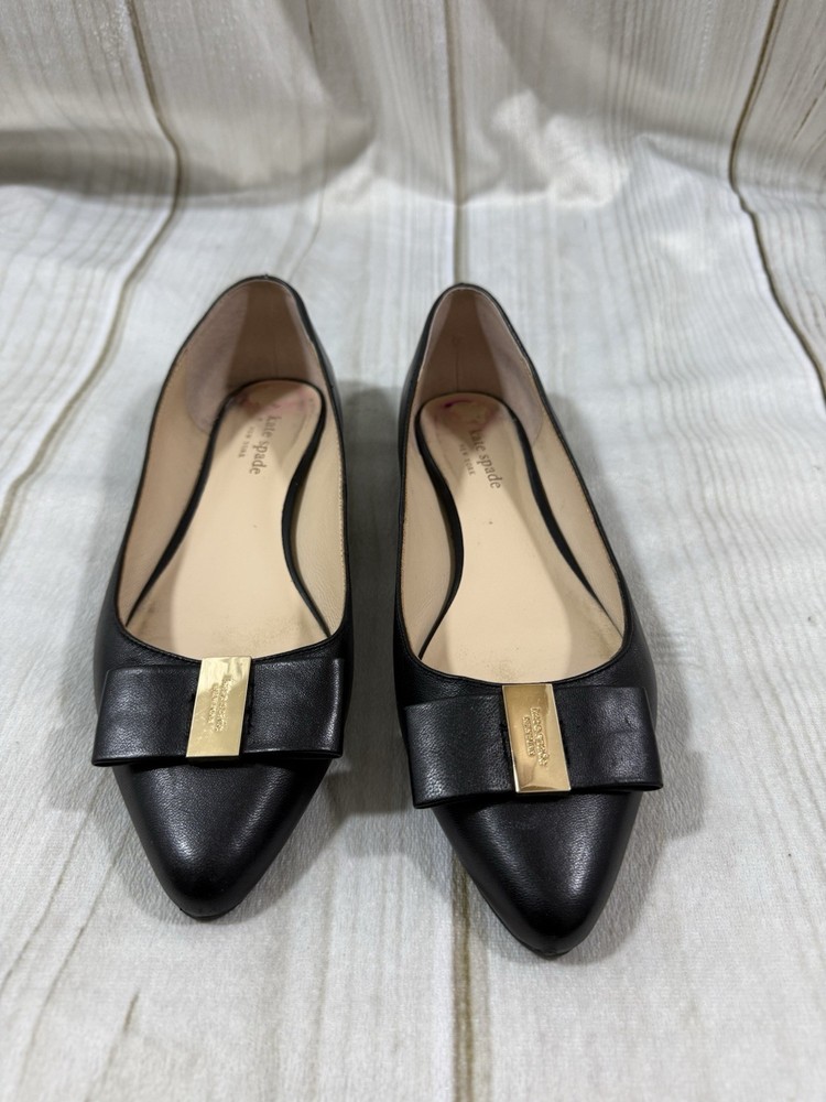 Kate Spade New York Bowdie Women’s 9 Leather Ballet Flats Black Gold Bow