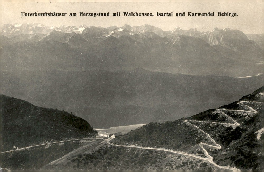 Herzogstand Accommodations with Walchensee and Karwendel Mountains Postcard-image