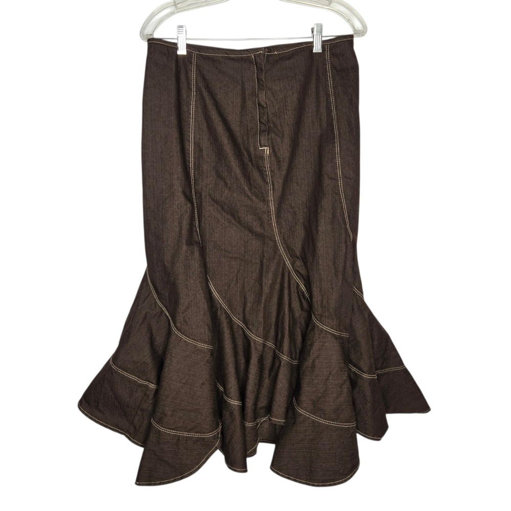 Vintage Y2K Women Fairy Grunge Denim Midi Skirt Brown Earthy Trumpet Hem 10