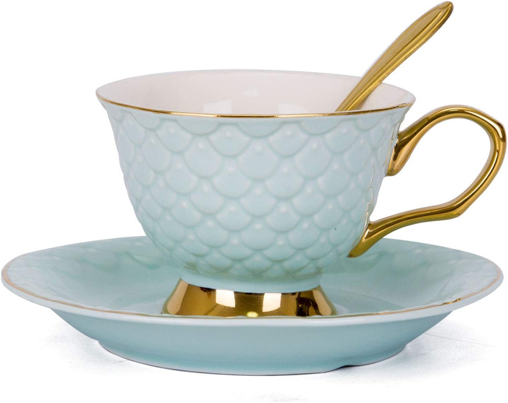 Blue Vintage 8 Ounces Porcelain Coffee Cup, Tea Cup and Saucer Set and Saucer wi