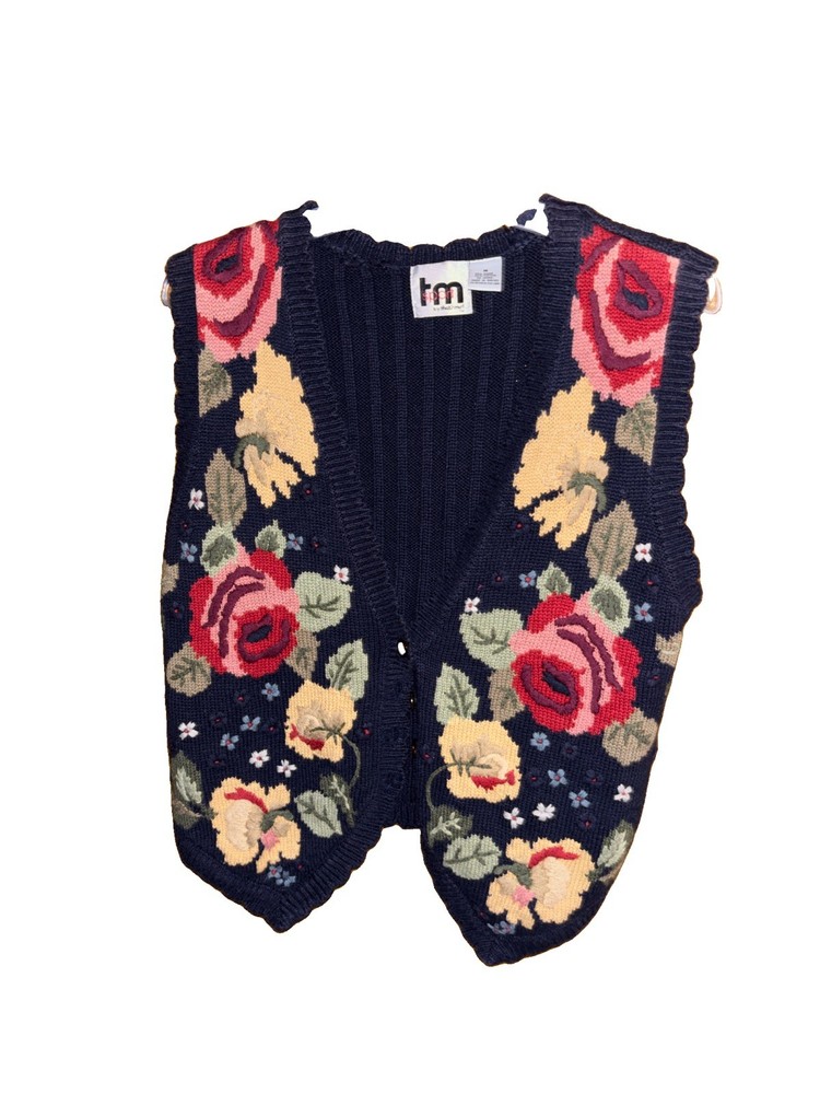 Vintage Y2K Women’s Sweater Vest Stitched Floral on Black Background.  Size M