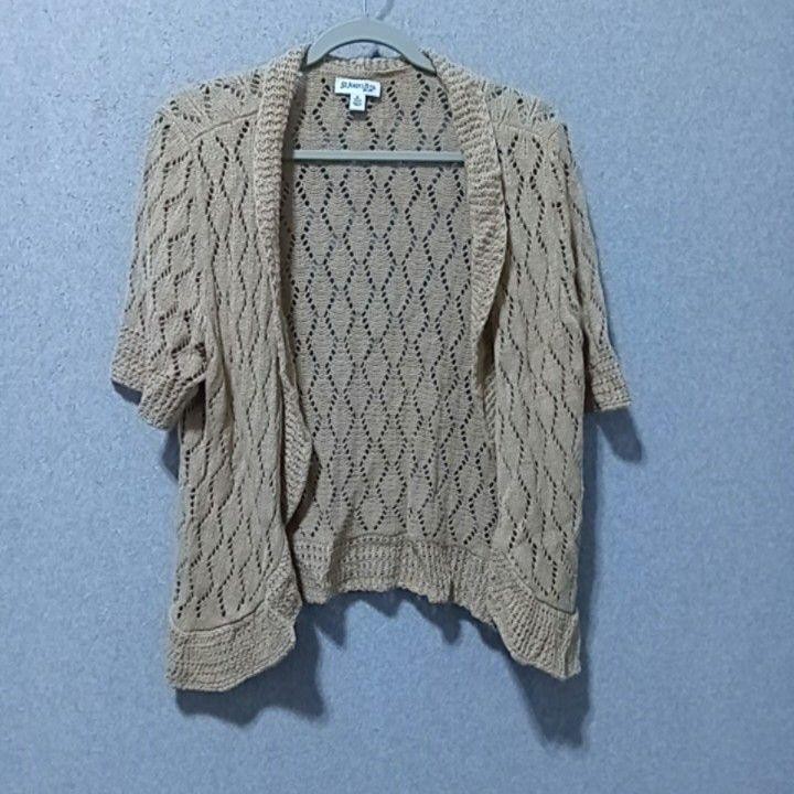 St Johns Bay Sweater Womens XL Beige Open Knit Short Sleeve Cardigan Lightweight