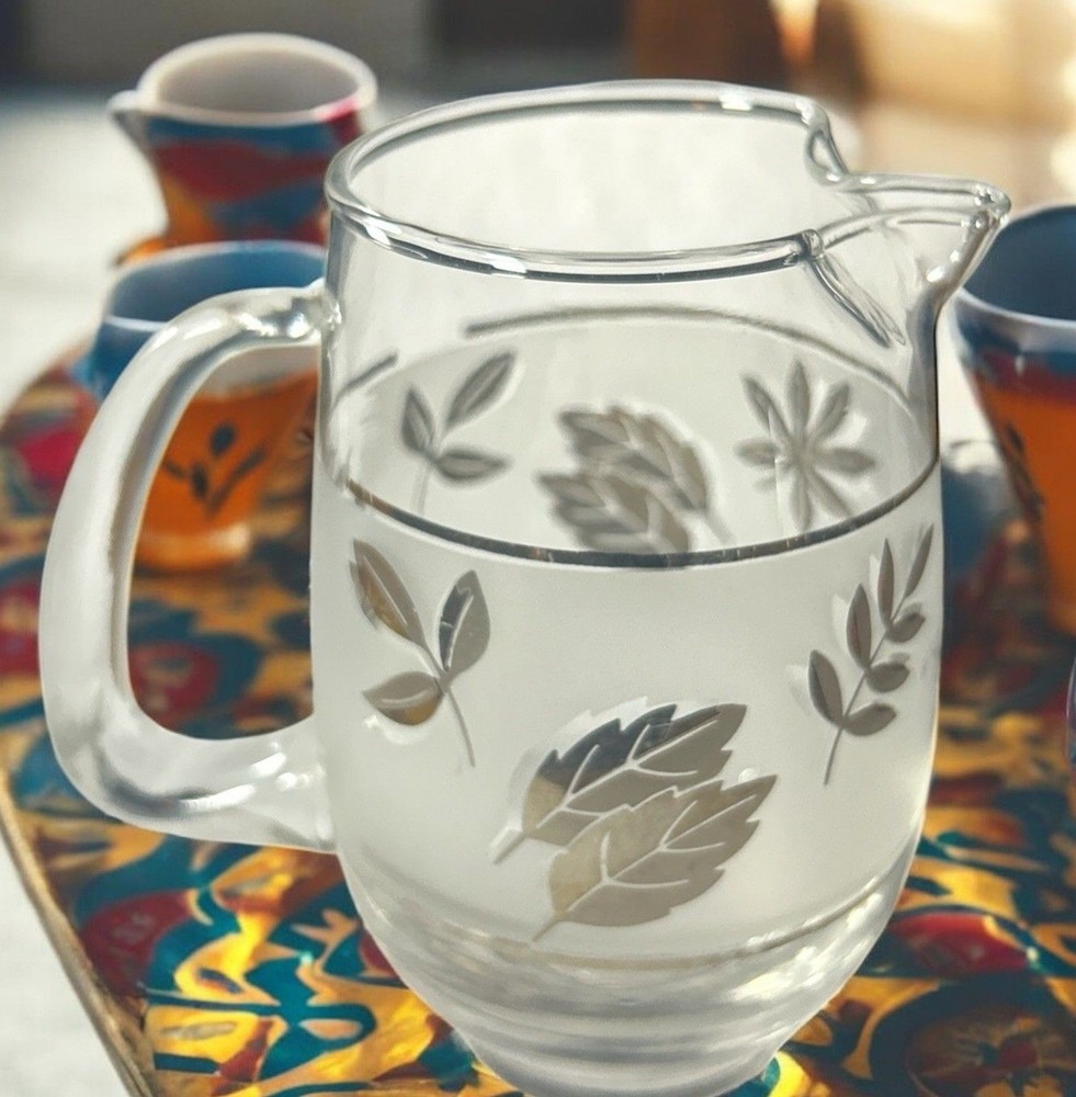 Libbey Metallic Leaf Foliage Frosted Glass Creamer Small Pitcher Vtg MCM Retro