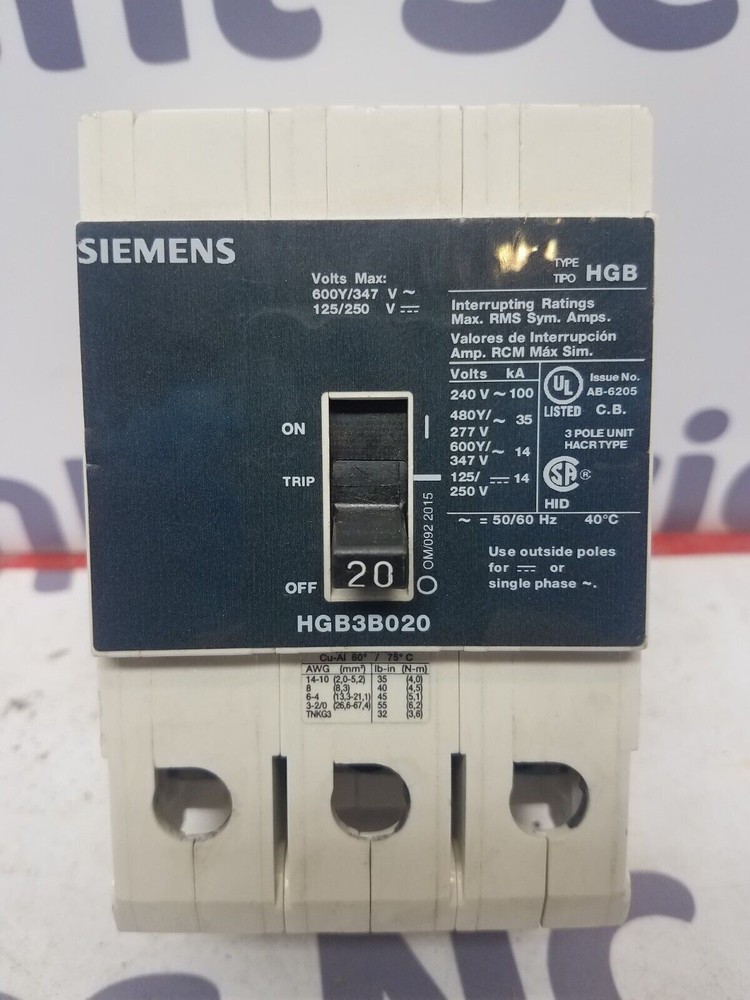Siemens HGB3B020 Circuit Breaker 20A 3P 600/347V 3PH HGB 3 pole 20 Amp Used