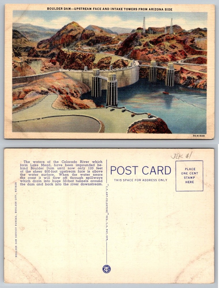 Boulder Dam Hoover Dam Lake Mead Arizona Nevada Linen Postcard 1937 C.T