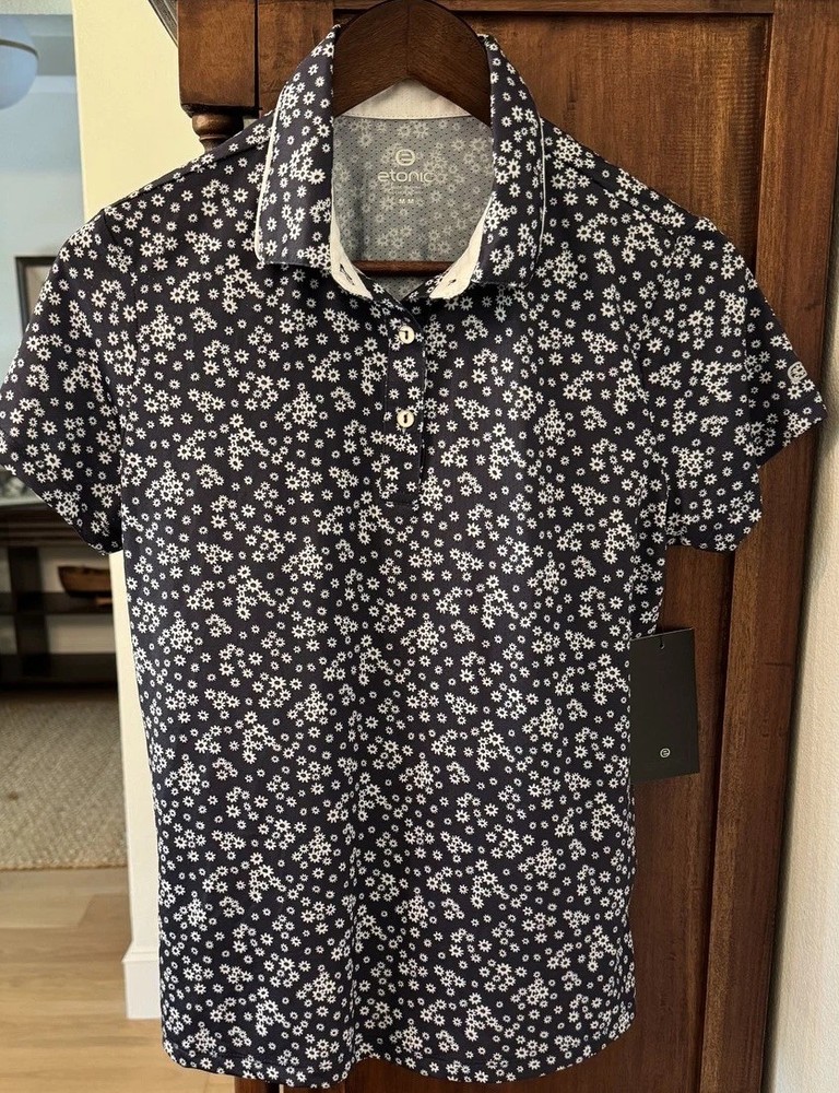 Etonic Women's Polo Shirt Medium Blue White Daisy Short Sleeve Golf Stretch NWT