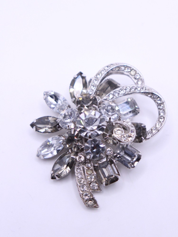 Vintage Signed Eisenberg Ice Crystal Smokey & Clear Rhinestone Brooch Statement