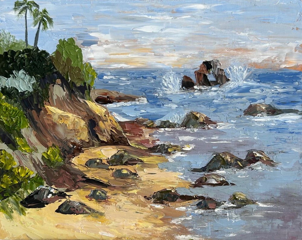 Abstract Seascape Oil Paintings  Coastal Artwork Ocean Beach 10x8 in. Framed