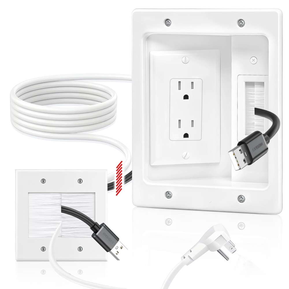 in Wall Cable Management Kit with Recessed Tv Outlet Box-Two-Hole Socket, 9ft...