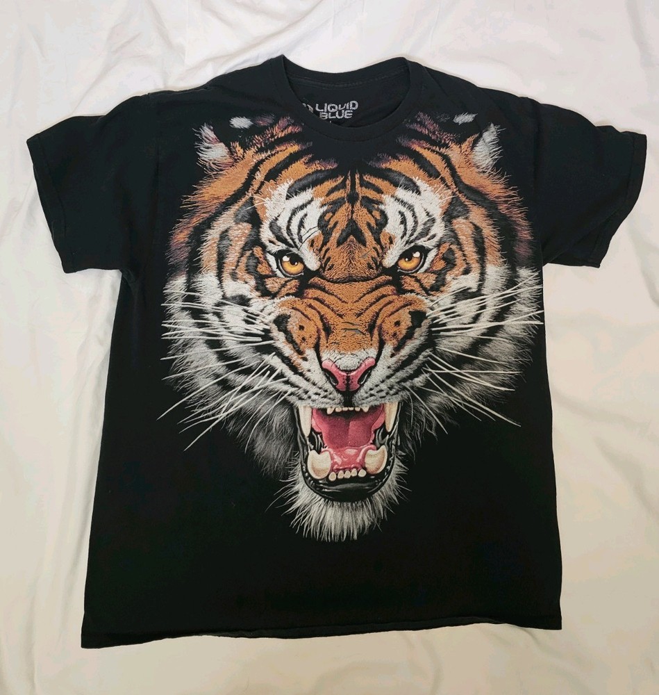Mens Size L Liquid Blue Short Sleeve Graphic T Tiger Print Black T Shirt
