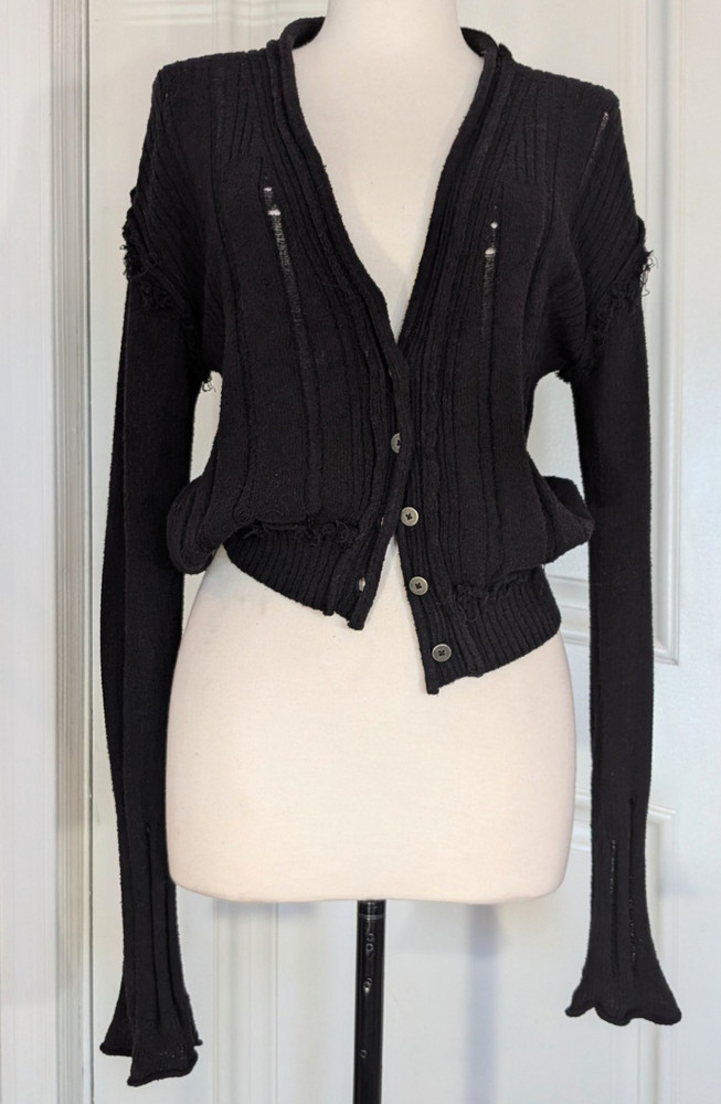 Free People Black Ribbed Knit Button-Front V-Neck Cardigan Sweater XS