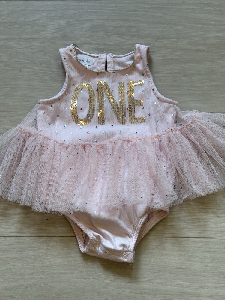 Mud Pie Girls 12-18M Pink/Gold Tulle Birthday 