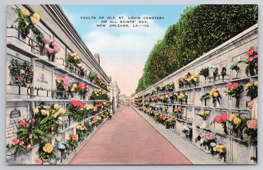 New Orleans St. Louis Cemetery Vaults All Saints' Day Linen Postcard Flowers