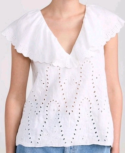 AYR Women's XS White Blouse Top V Neck 100% Linen Short Sleeve