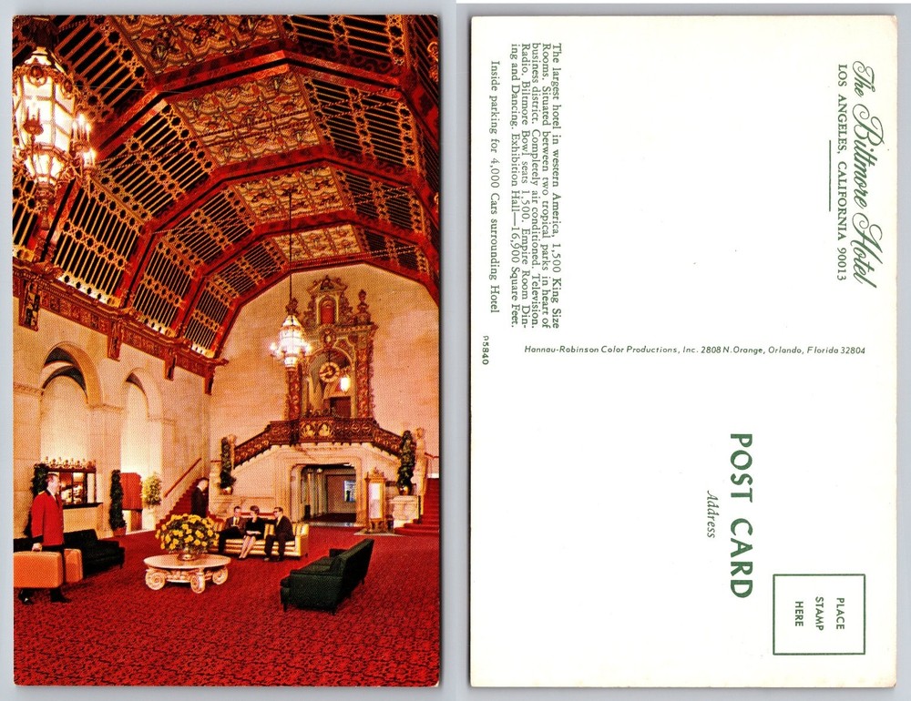 Vintage Biltmore Hotel Los Angeles Grand Lobby Postcard Hannau-Robinson