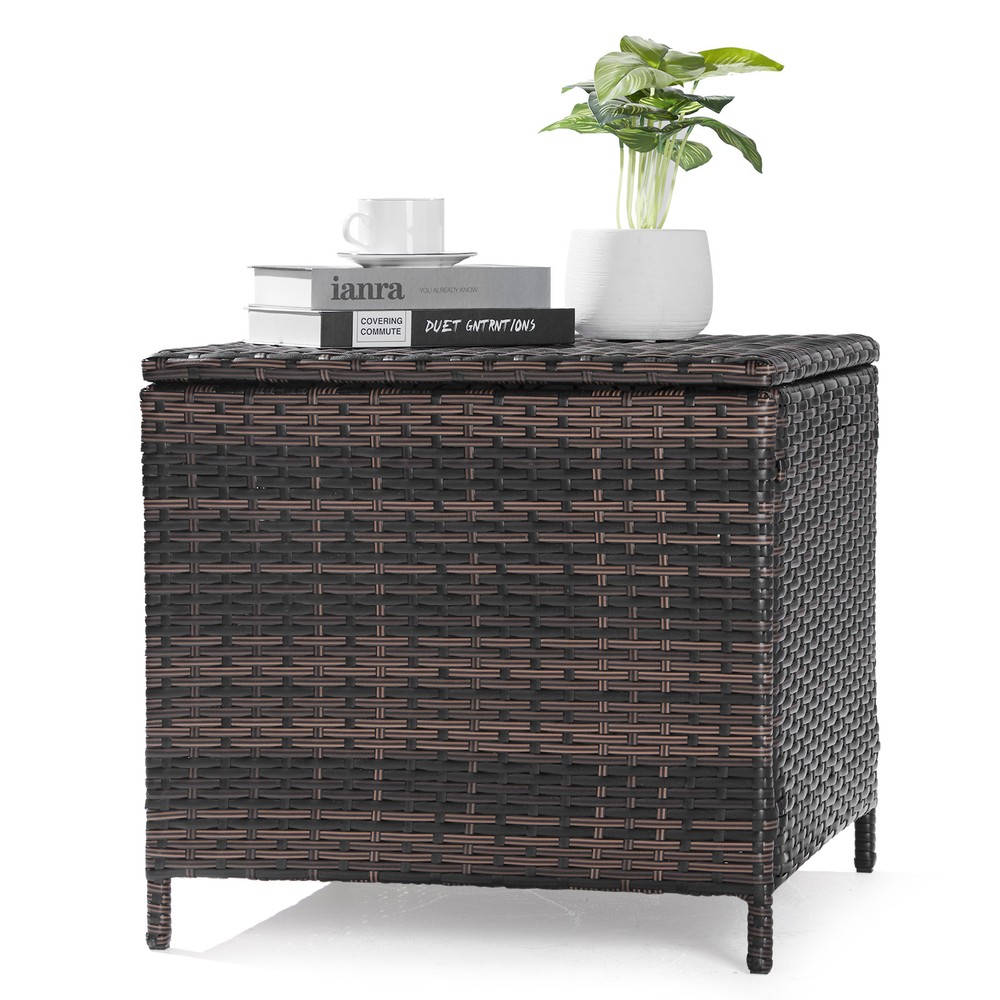 27GAL Brown Wicker Patio Storage Table with Flip Cover for Garden