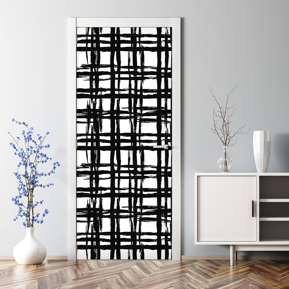 Black and White Plaid Pattern Bubble-Free Door Sticker Modern Design  