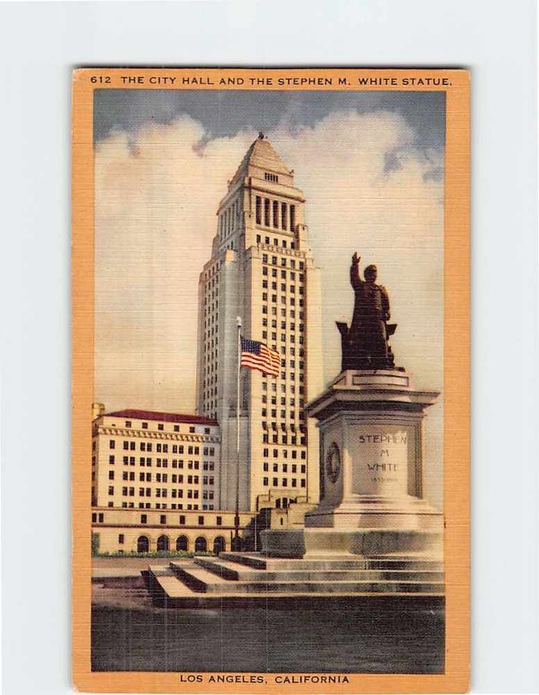 Postcard City Hall & Stephen M. White Statue Los Angeles California USA