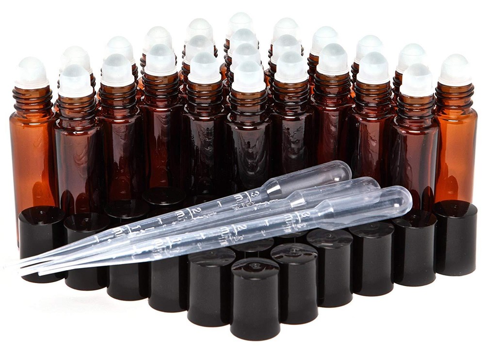 10ml Amber Glass Roll-on Bottles , Glass Roller Ball, 24 Pk + 3 Droppers
