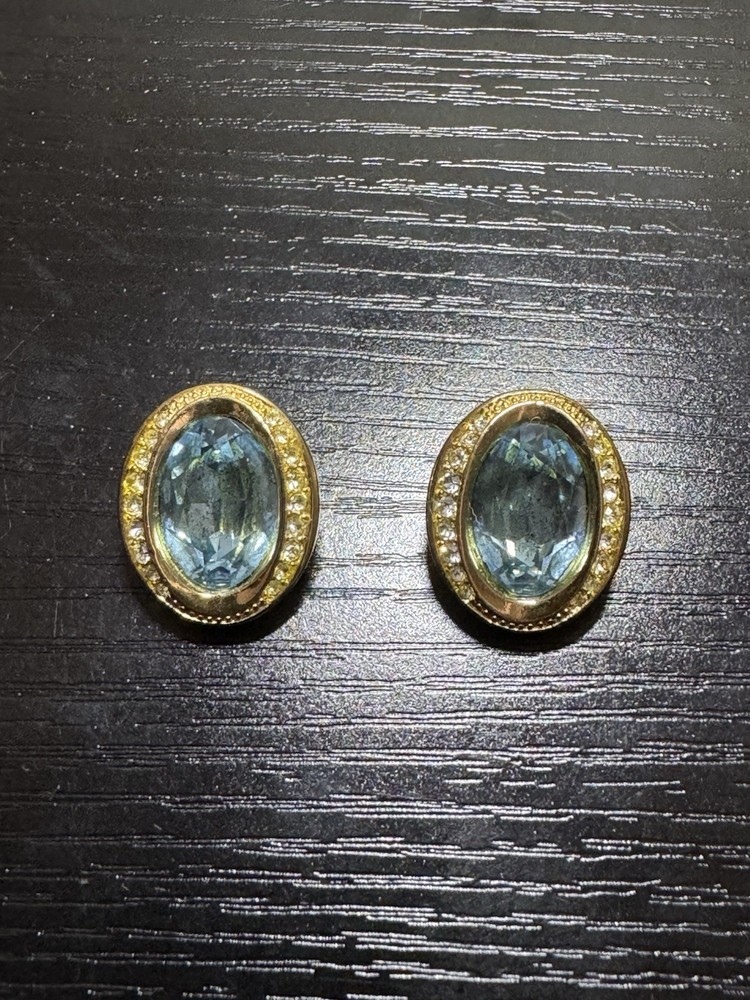 VTG Christian Dior gold blue topaz rhinestone clip-on earrings