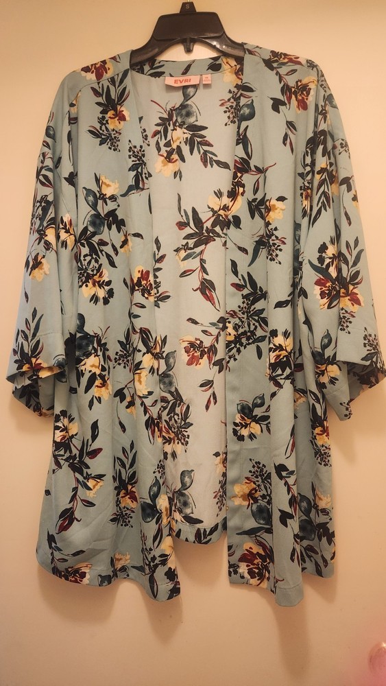 EVRI Women's Kimono Cardigan 0X Mint, Seafoam Green, Floral Pattern