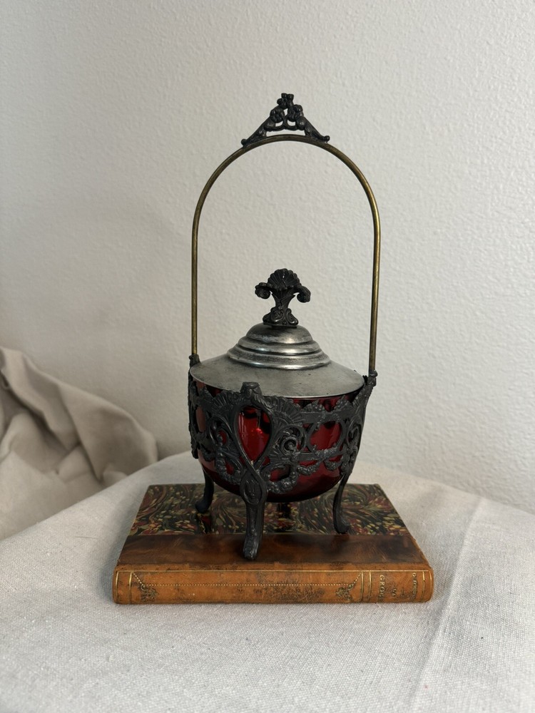 Vintage Cast Metal Footed Red Glass Sugar Castor Ornate Floral & scroll details