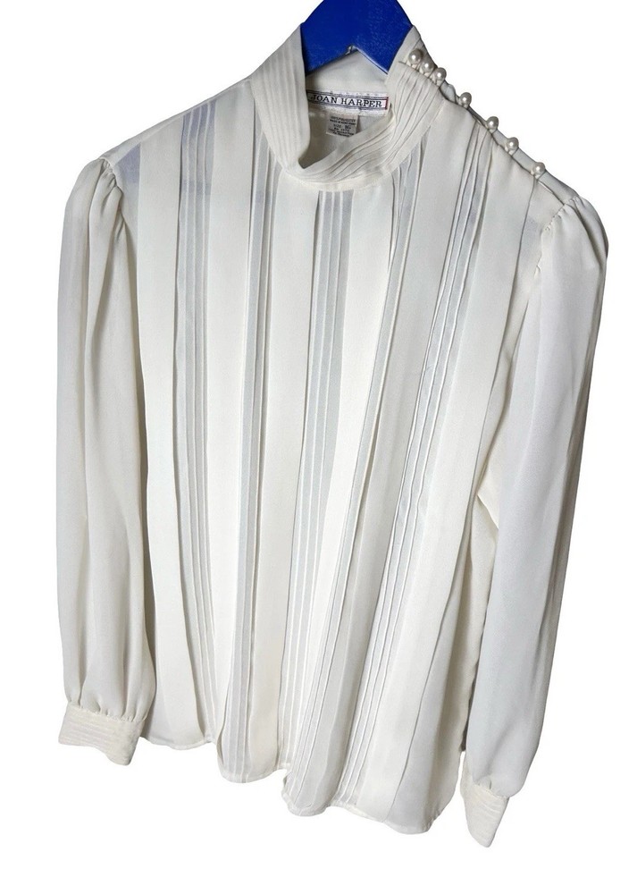 VTG Formal High Neck Pleated Blouse Size 16 Ivory Faux Pearl Buttons Long Sleeve
