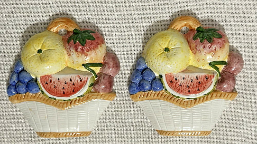 Vintage Fitz and Floyd Ceramic Fruit Basket Wall Plaques Plaques Set of 2 Retro