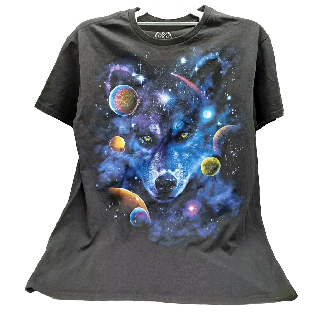 Galaxy Wolf Head Space Mens Graphic Tee T-Shirt Short Sleeve Black Size Medium