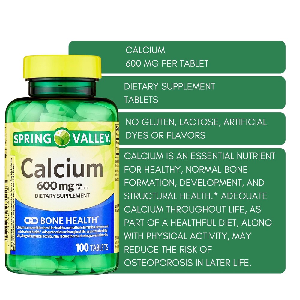 Spring Valley Calcium 600 mg 100 Tablets Dietary Supplement Bone Health Calci...