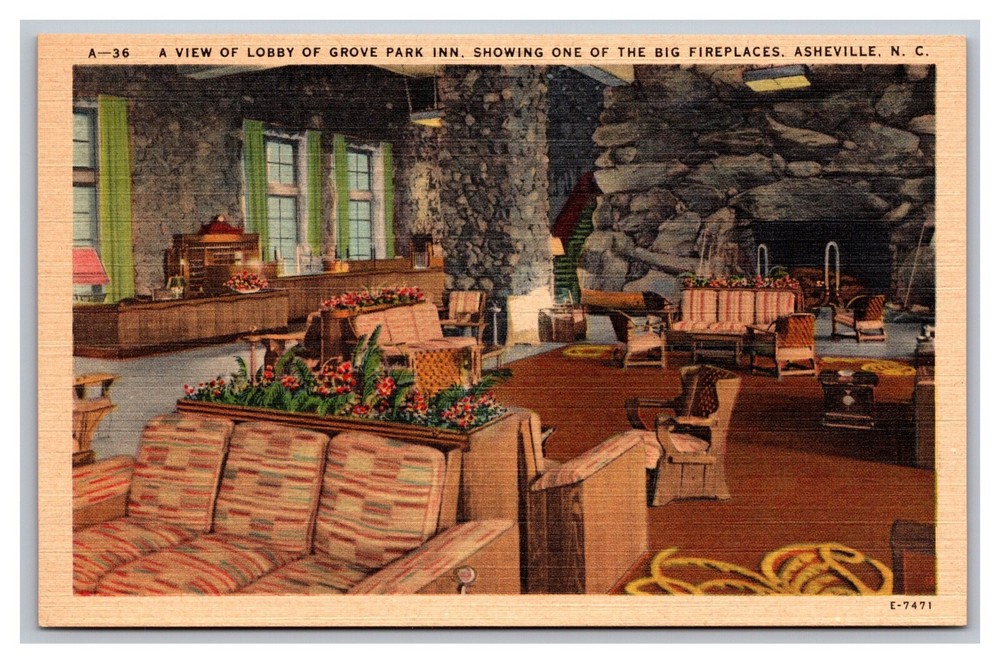 Asheville NC Lobby of Grove Park Inn Hotel Fireplace Linen Postcard