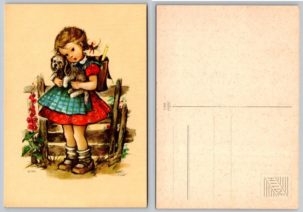 Hilde Krüger Postcard Girl with Dog Sentimental Art Western Germany Vintage