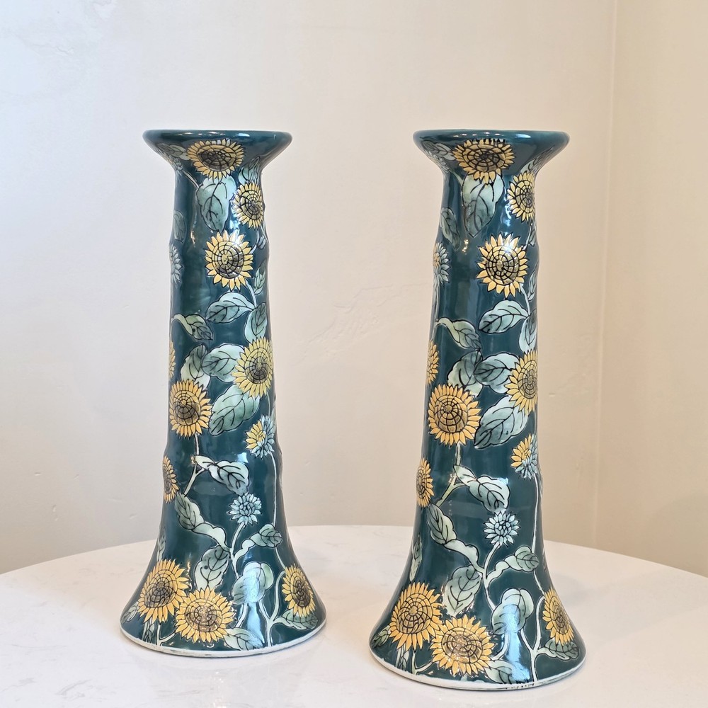 VTG Pair Of Chinoiserie Porcelain Sunflower Floral Candlestick Holders 9.75