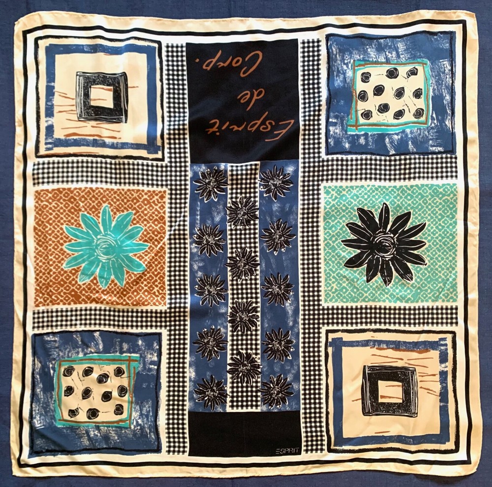 Eclectic ESPRIT Blue White Brown Patchwork Geometric Floral Satin Silk Scarf