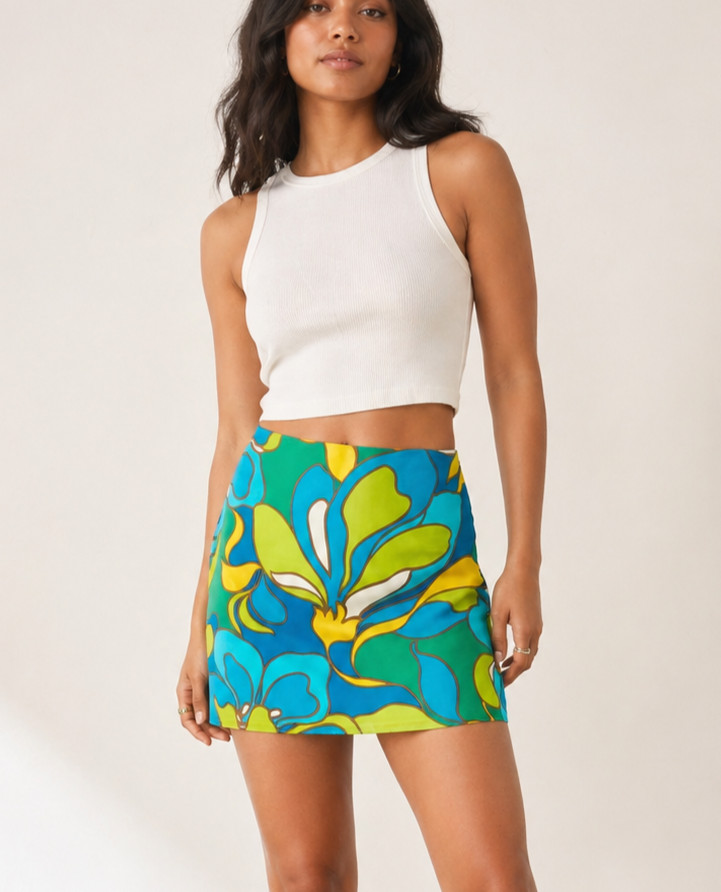 Alice & Trixie Women 100% Silk Floral Mini Skirt Tropical Mod Size S Blue Green