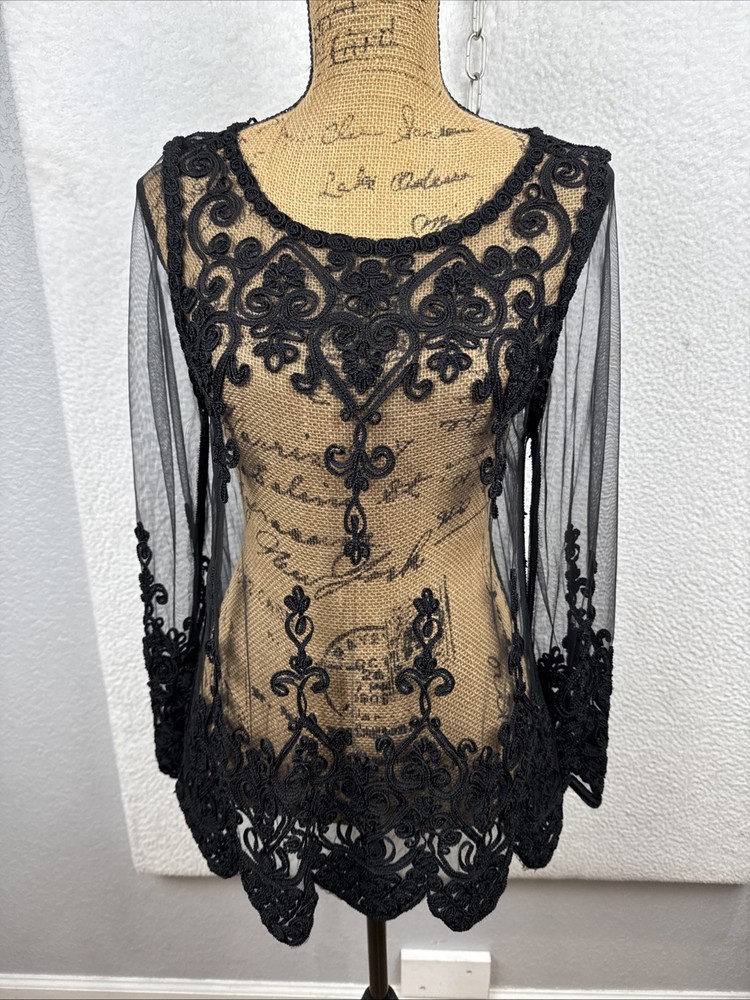Whimsigoth Witchy Mesh Crochet Top Womens Sm/Med Dark Romantic Long Sleeve Sheer