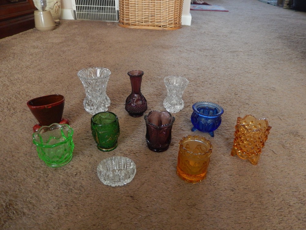 Vtg Mixed Lot 11 Colored Glass, Crystal, Uranium. Pottery Toothpick Holders