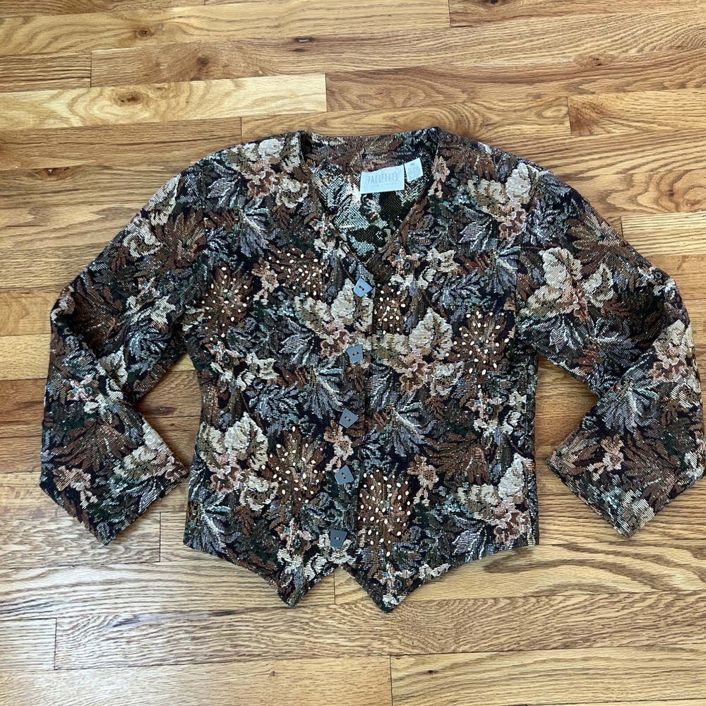 Vintage 90s Passports Pier 1 Floral Crop Jacket Tapestry Wooden Beading ￼Sz M