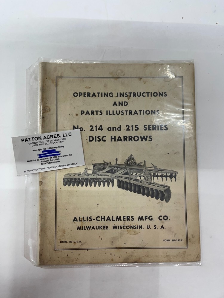 Allis-Chalmers No 214 and 215 Series Disc Harrow Manual with Parts Diagrams