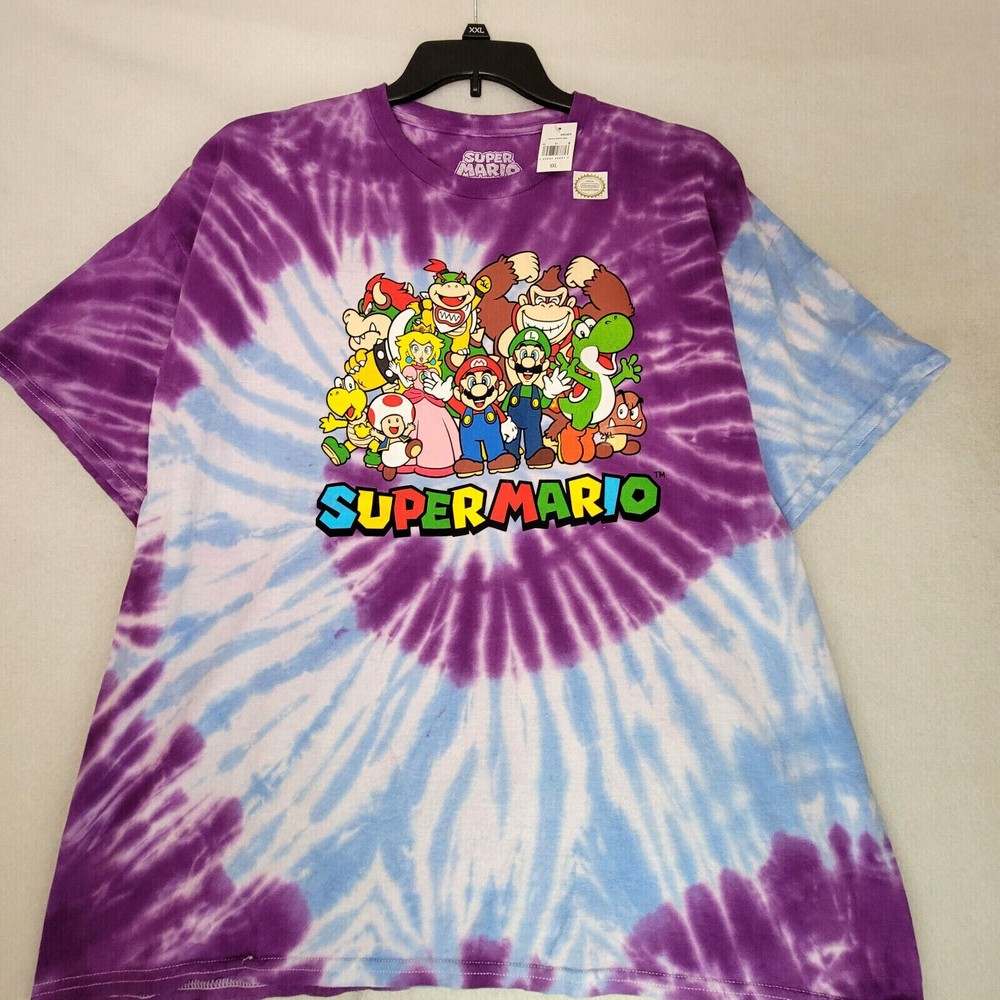 Super Mario Team Tie Dye Shirt Mens 2XL XXL Purple Nintendo Geek Logo NWT