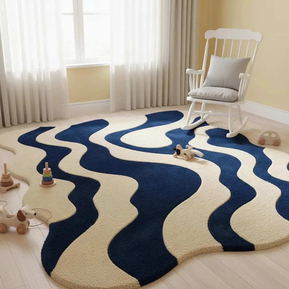 Hand Tufted wool Area rug Blue Cream Wavy Rug | Modern Abstract Handmade rug 6x9