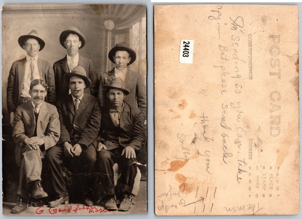 RPPC Group Portrait Men Hats Photo Postcard
