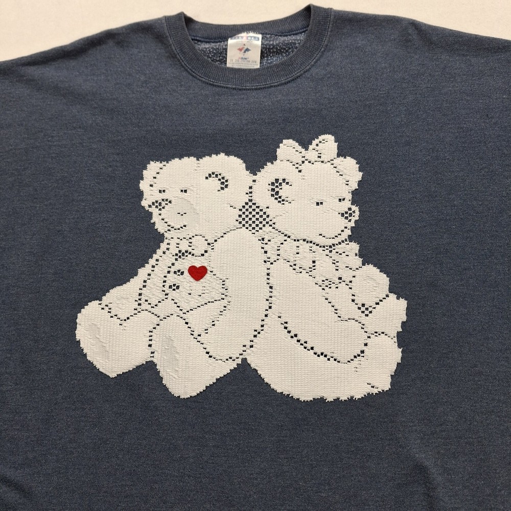 Teddy Bear Doily Sweatshirt Vintage Jerzees 2X Gray Grandma Hearts  Love