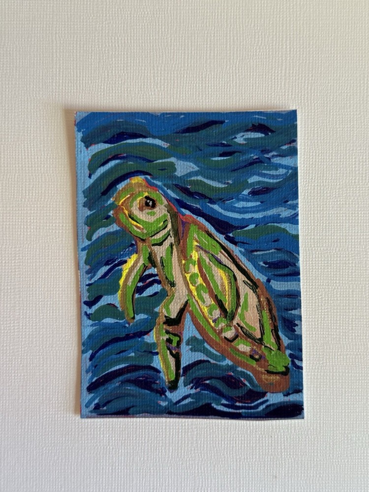 Original ACEO Blue Saltwater Fish Ocean, Mini Painting 2.5”x3.5” Gouache Artwork