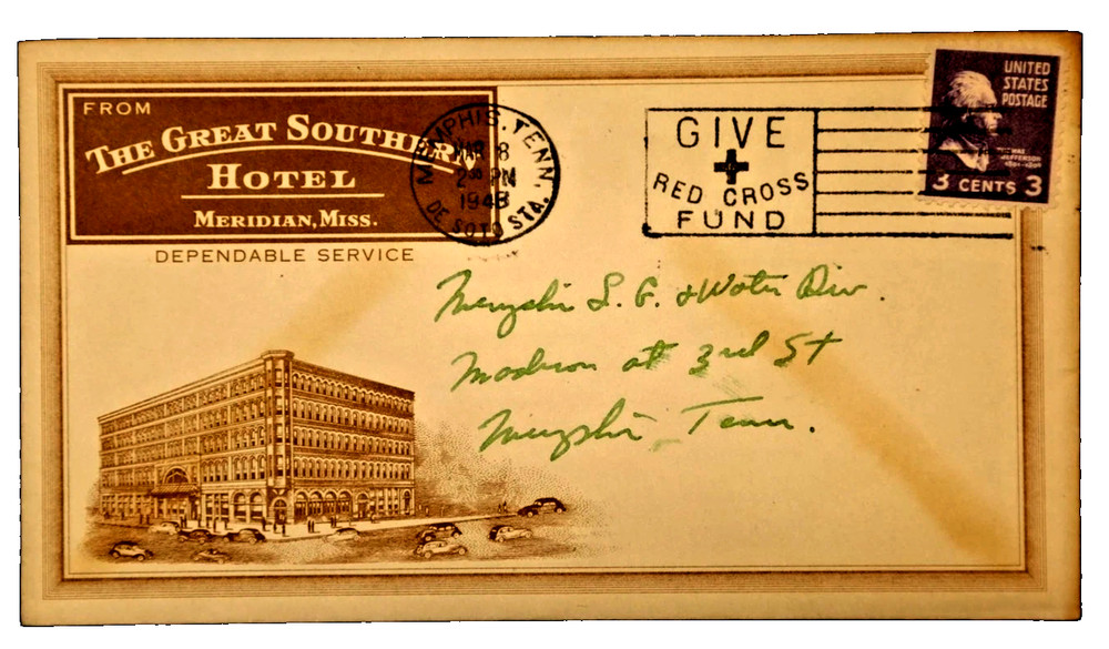 🚩💥Us Stamp Slogan Cancel Great Southern Hotel Illus Ad Cover Meridian Miss💥
