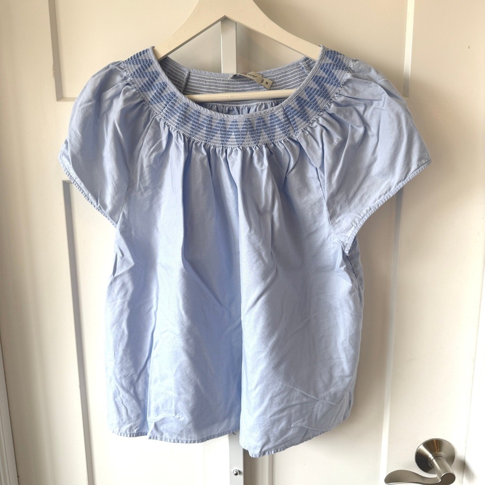 Vineyard Vines Womens Smocked Neck Short Sleeve Blouse Light Blue Size M