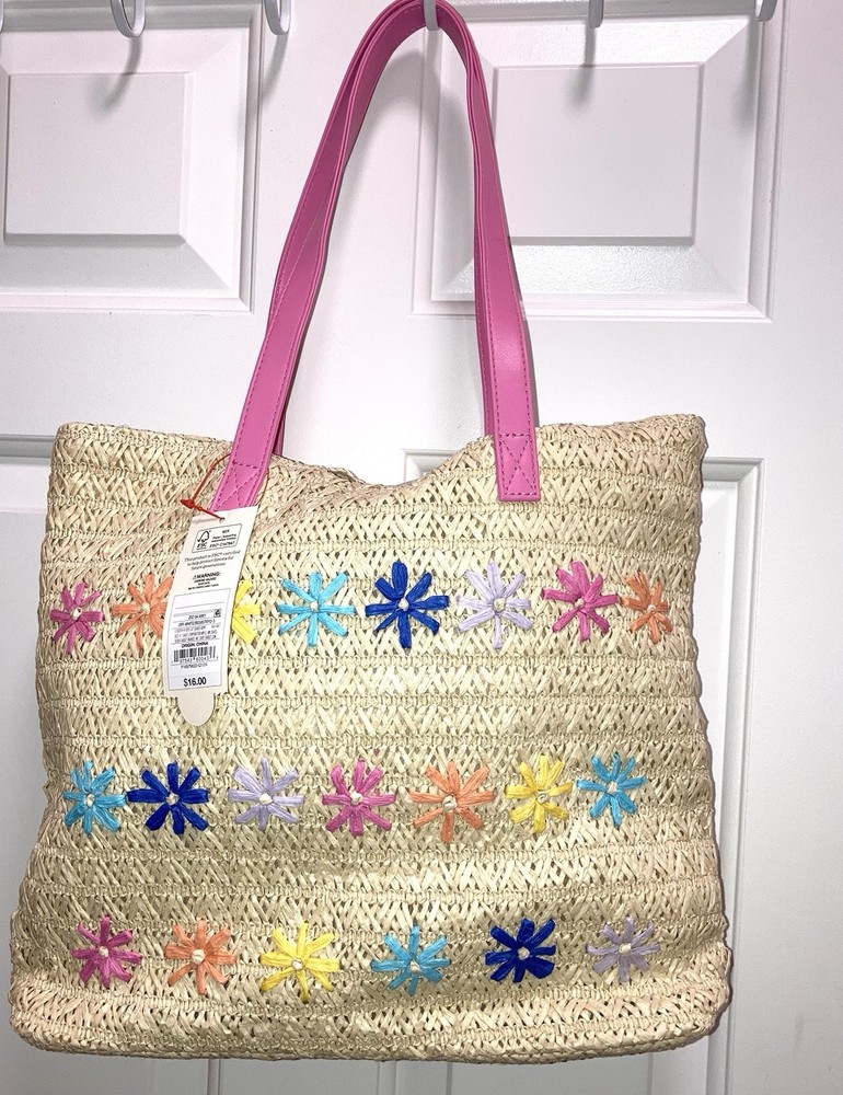 Cat & Jack Girls Paper Straw Flower Embroidery Tote Bag summer beach NWT