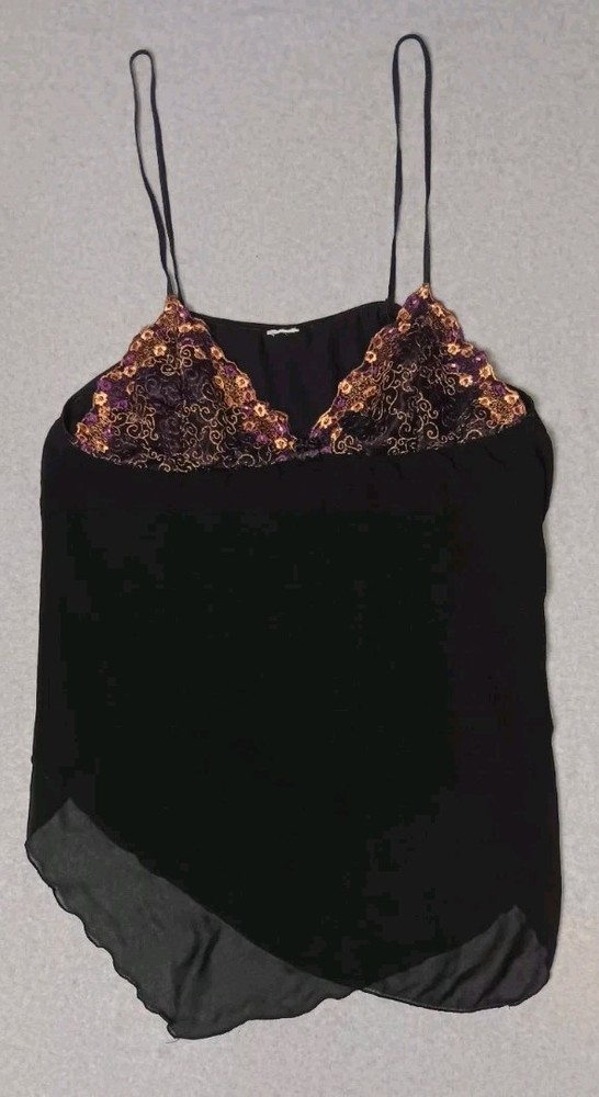 Vintage Y2K Black Embroidered Cami Top L Babydoll Floral Lace Sheer Whimsigoth
