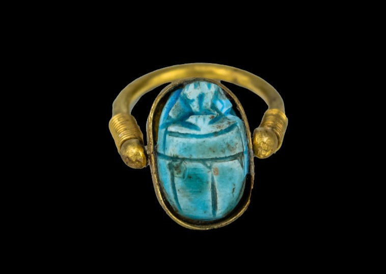Authentic Ancient Egyptian Blue Faience Scarab Ring Khepri Amulet 1000 Figure BC