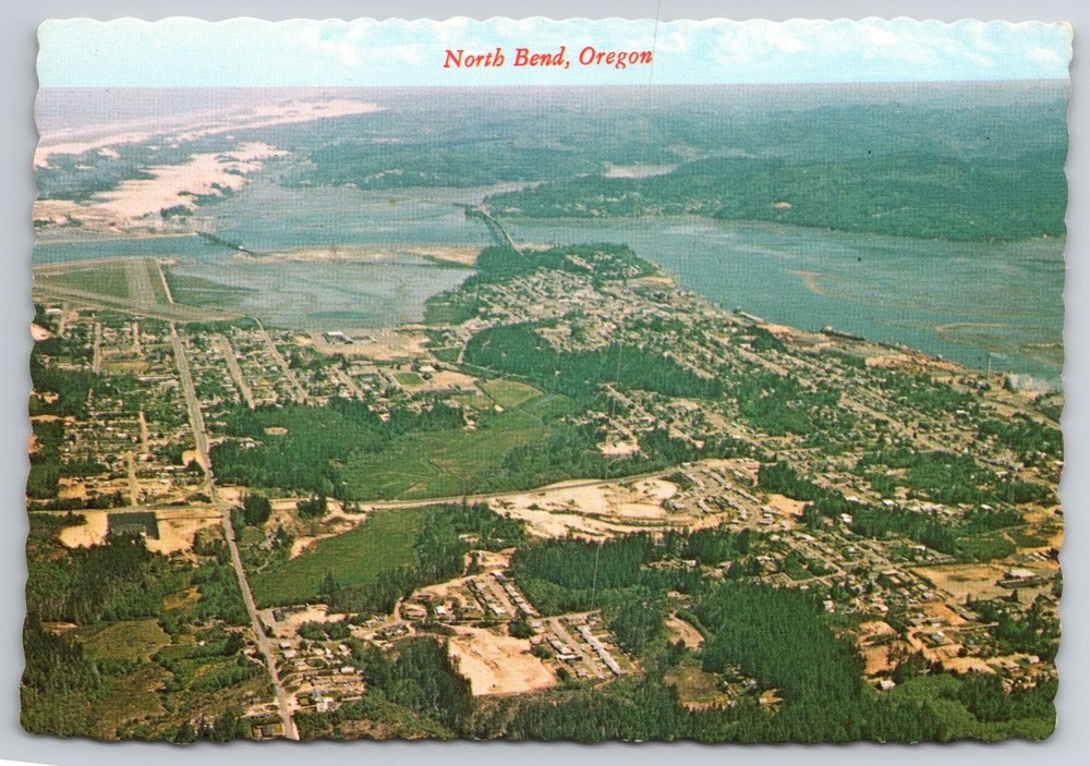 North Bend Oregon Aerial View Deckle Edge Postcard Coos Bay Bridge